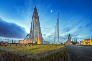 architecture, Building, Reykjavik, Iceland, Church, Modern, City, Clouds, Evening, Moon, Statue, Field, Grass, Stones, Lights, Cross, Trees, Long Exposure, Car