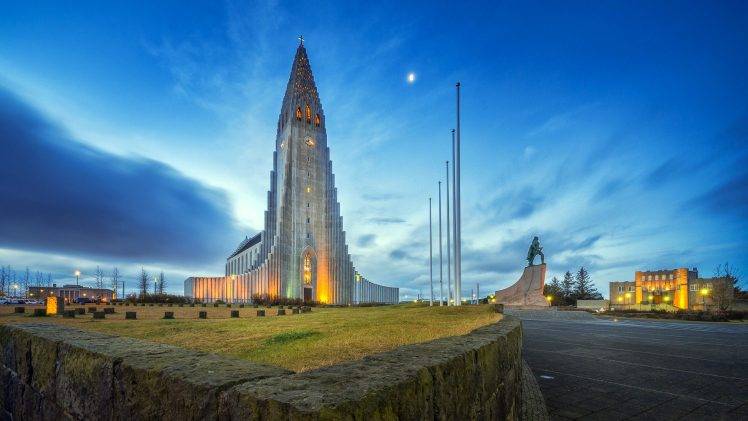 architecture, Building, Reykjavik, Iceland, Church, Modern, City, Clouds, Evening, Moon, Statue, Field, Grass, Stones, Lights, Cross, Trees, Long Exposure, Car HD Wallpaper Desktop Background