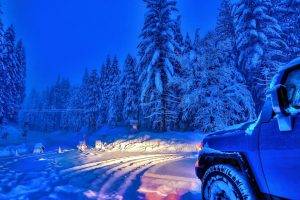 forest, Car, Sky, Snow, Winter