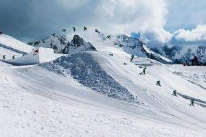 snow, Trees, Skiers, Snowboarding, Red Bull, Jumping, Mountain, Sequence Photography, Clouds