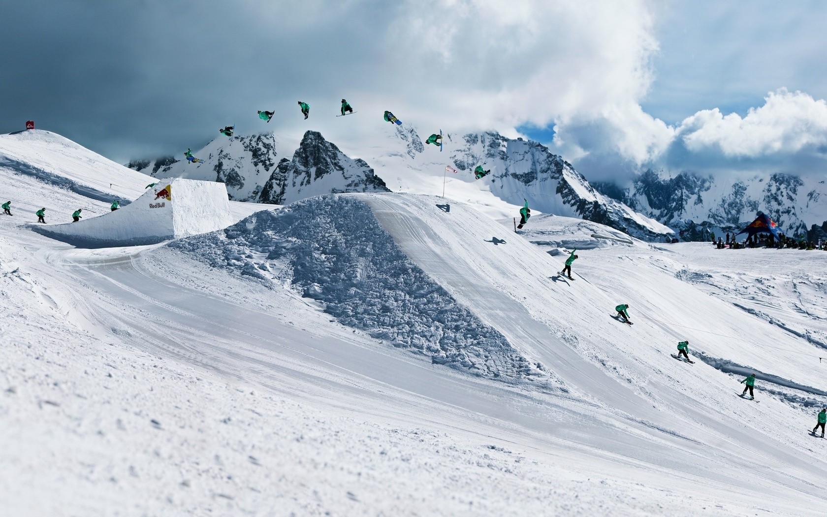 snow, Trees, Skiers, Snowboarding, Red Bull, Jumping, Mountain, Sequence Photography, Clouds Wallpaper