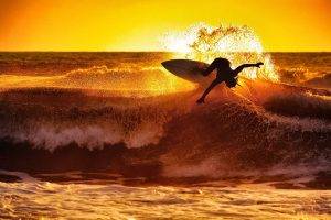 surfing, Waves, Sunset