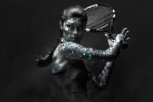 digital Art, Artwork, Women, Long Hair, Ponytail, Tennis Rackets, Photo Manipulation, Hexagon, Selective Coloring, Gray Background
