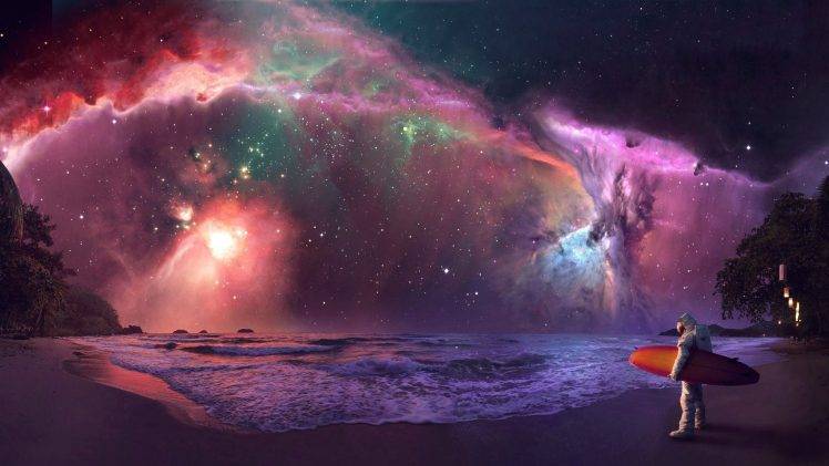 science Fiction, Photo Manipulation, Nebula, Astronaut, Surfing HD Wallpaper Desktop Background