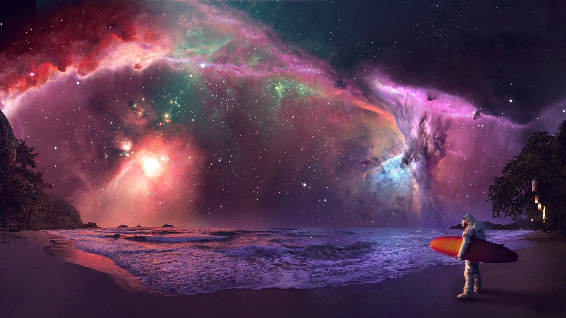 science Fiction, Photo Manipulation, Nebula, Astronaut, Surfing Wallpaper
