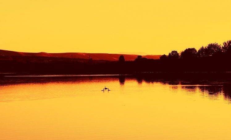photography, Landscape, Water, Sunset, Orange, Trees, Lake HD Wallpaper Desktop Background