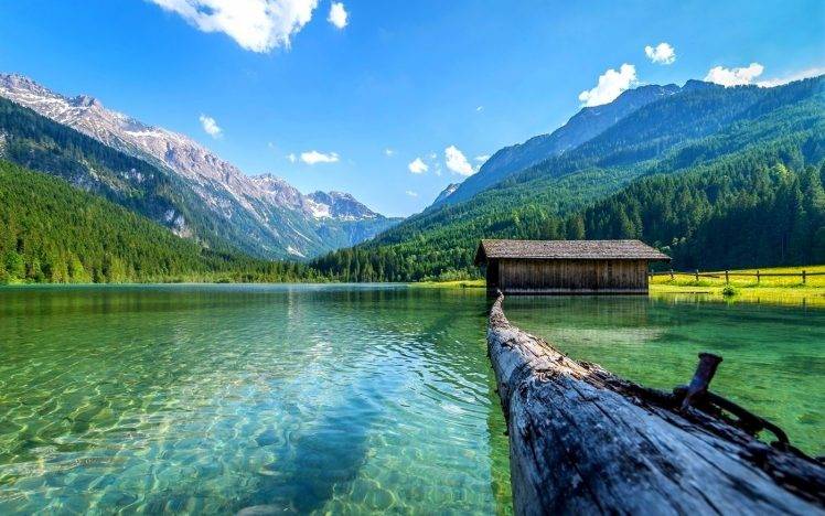 lake, Nature, Boathouses, Mountain, Landscape, Log, Summer, Forest, Daylight, Water, Austria HD Wallpaper Desktop Background