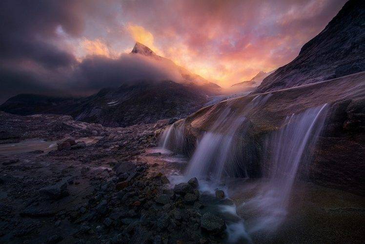 landscape, Nature, Mountain, Waterfall, Sunrise, Clouds, Long Exposure, Alaska HD Wallpaper Desktop Background
