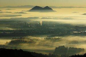 landscape, Nature, Mist, Sunrise, Valley, Hill, Sun Rays, Factory, Smoke, Town, Trees, Slovenia