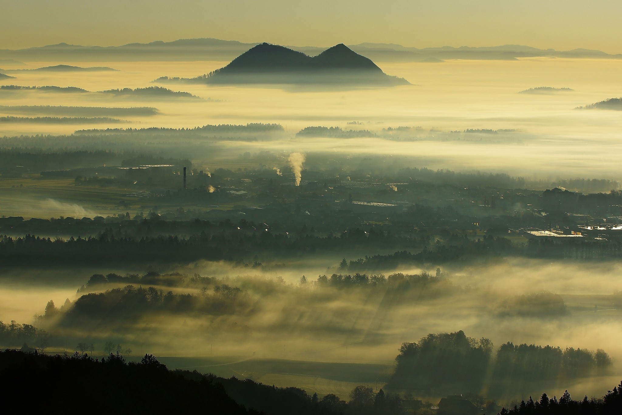 landscape, Nature, Mist, Sunrise, Valley, Hill, Sun Rays, Factory, Smoke, Town, Trees, Slovenia Wallpaper