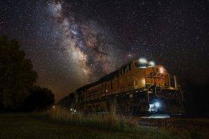 train, Night, Lights, Milky Way, Landscape, Nature, Galaxy, Railway, Stars, Grass, Shrubs, Long Exposure, Machine, Technology, South Dakota