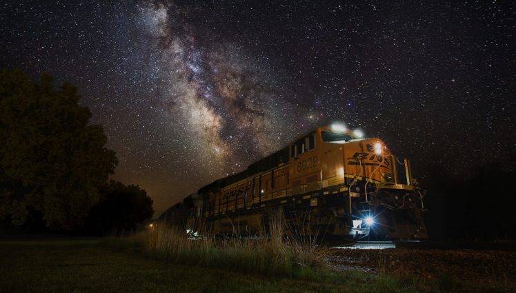 train, Night, Lights, Milky Way, Landscape, Nature, Galaxy, Railway, Stars, Grass, Shrubs, Long Exposure, Machine, Technology, South Dakota HD Wallpaper Desktop Background