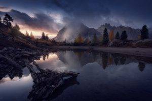 nature, Landscape, Fall, Sunset, Mountain, Lake, Reflection, Trees, Clouds, Italy