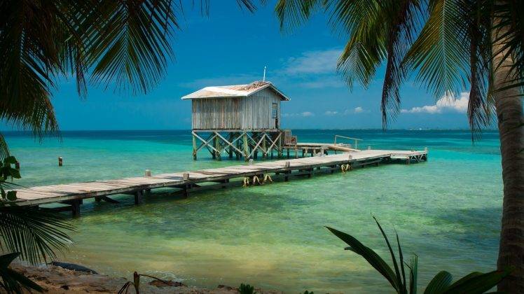 nature, Landscape, Beach, Tropical, Sea, Palm Trees, Dock, Wooden Surface, Cabin, Turquoise, Water, Belize HD Wallpaper Desktop Background