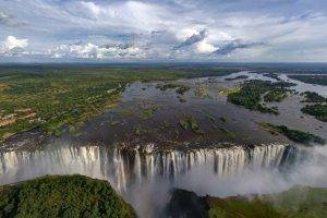 lake, Waterfall, Trees, Landscape, Zambezi River, Victoria Falls