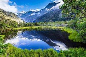 nature, Landscape, Summer, Lake, Reflection, Mountain, Grass, Forest, Snowy Peak, Clouds, New Zealand