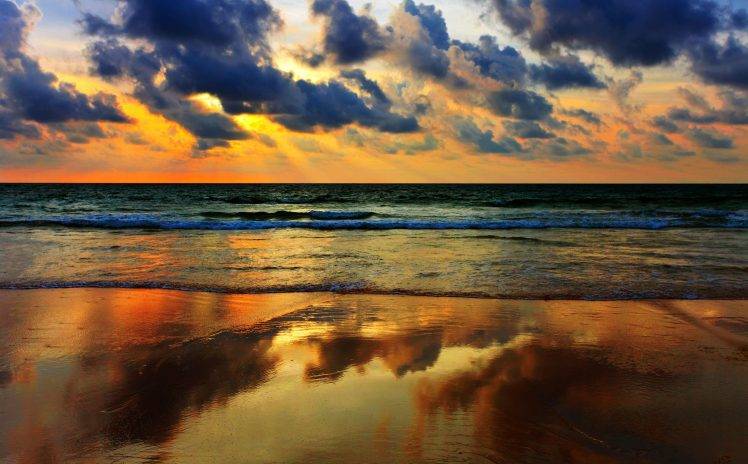 nature, Sea, Clouds, Waves, Beach, Reflection HD Wallpaper Desktop Background