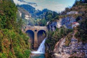 architecture, Bridge, Nature, Landscape, Waterfall, Trees, Forest, Rock, Mountain, Clouds, Mist, Pine Trees, House
