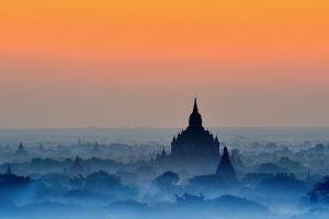 nature, Landscape, Bagan, Sunrise, Temple, Mist, Blue, Trees, Amber, Sky, Buddhism, Myanmar