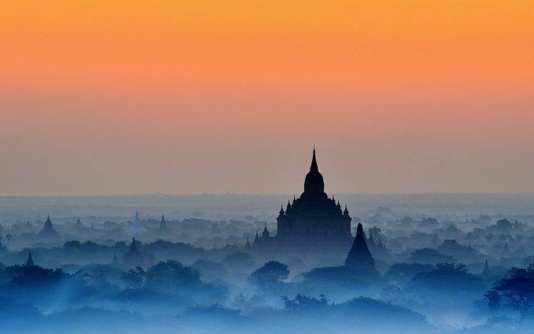 nature, Landscape, Bagan, Sunrise, Temple, Mist, Blue, Trees, Amber, Sky, Buddhism, Myanmar HD Wallpaper Desktop Background