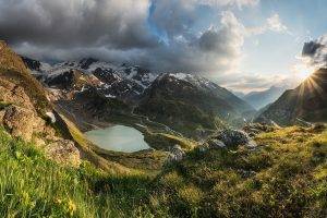 nature, Landscape, Sunset, Mountain, Sun Rays, Lake, Grass, Snowy Peak, Clouds, Alps, Switzerland