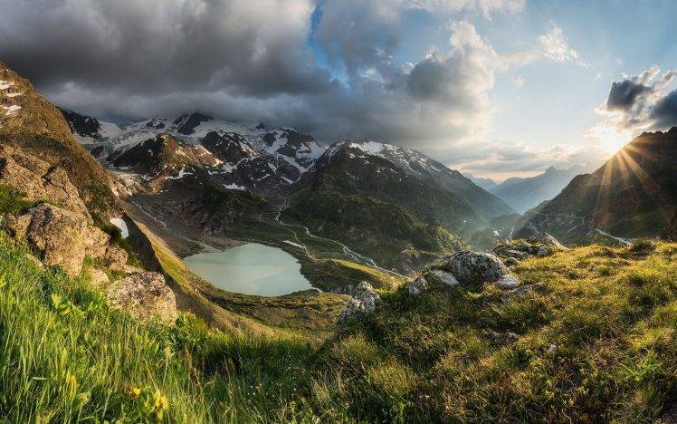 nature, Landscape, Sunset, Mountain, Sun Rays, Lake, Grass, Snowy Peak, Clouds, Alps, Switzerland HD Wallpaper Desktop Background