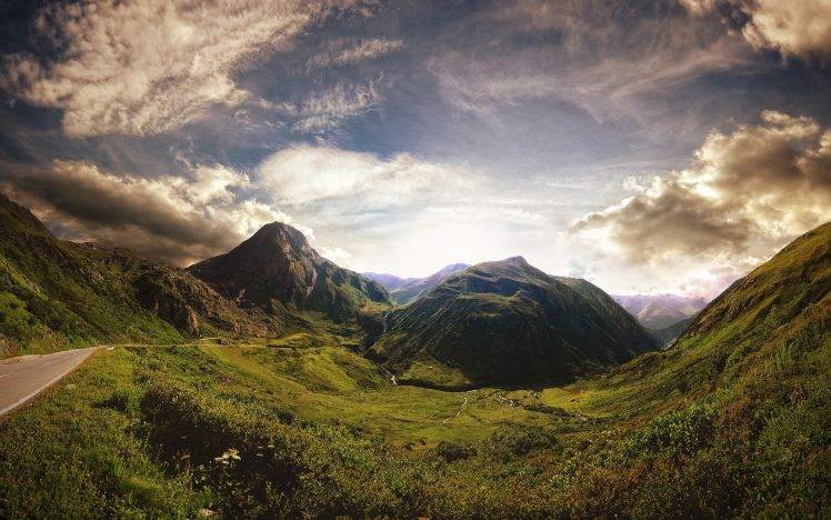 mountain, Nature, Clouds, Road, Grass, Sky, Mountain Pass, River, Sunset, Landscape HD Wallpaper Desktop Background