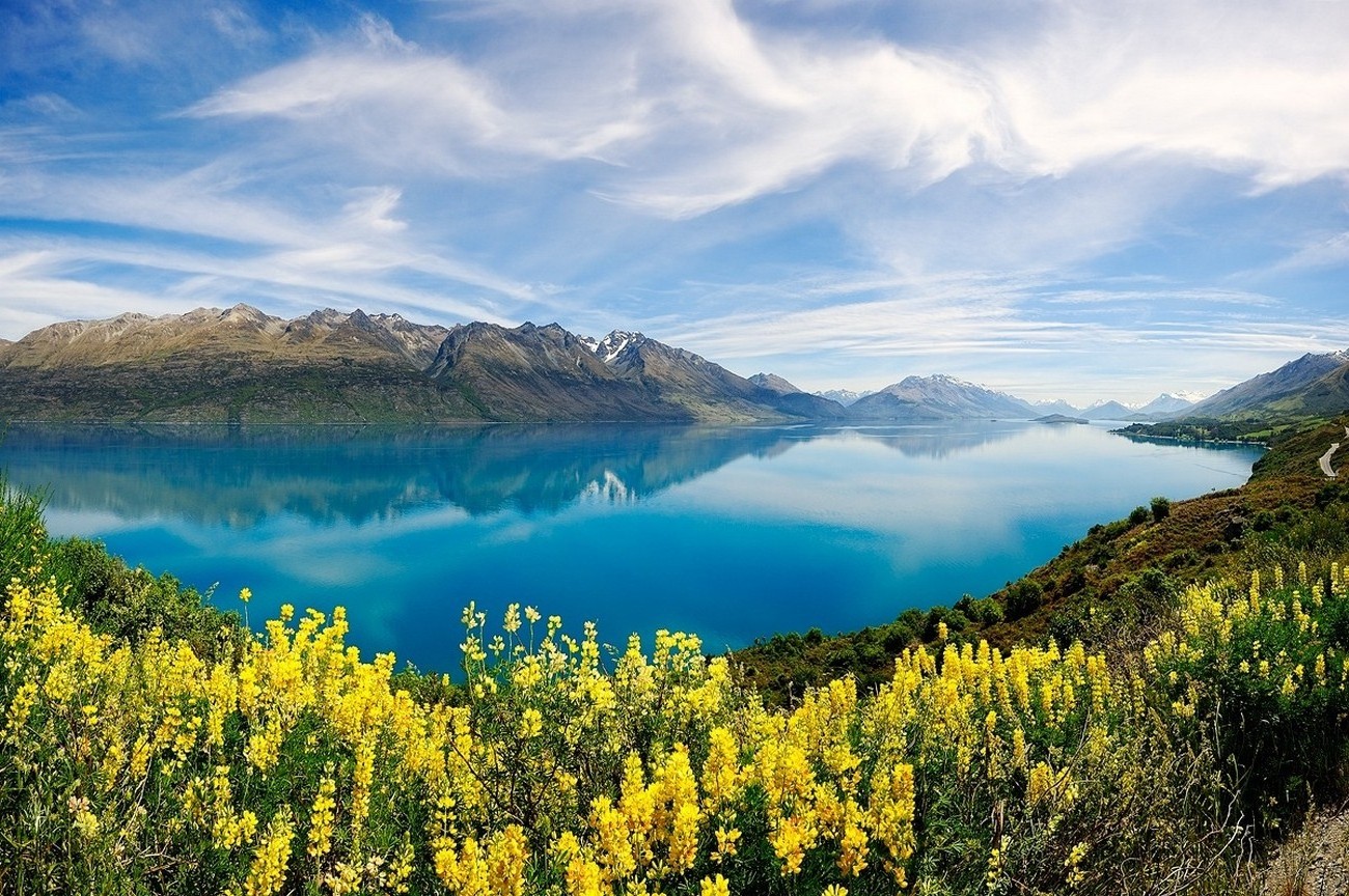 nature, Landscape, Lake, Yellow, Wildflowers, Turquoise, Water, Reflection, Mountain, Clouds, Spring, New Zealand Wallpaper