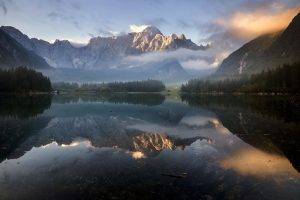 nature, Landscape, Mist, Lake, Mountain, Clouds, Forest, Water, Reflection, Sunrise, Italy