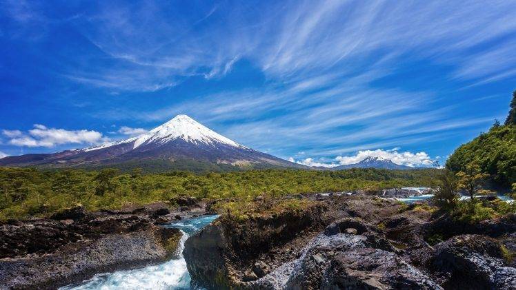 nature, Landscape, Volcano, Mountain, Snowy Peak, River, Forest, Clouds, Rapids, Chile HD Wallpaper Desktop Background