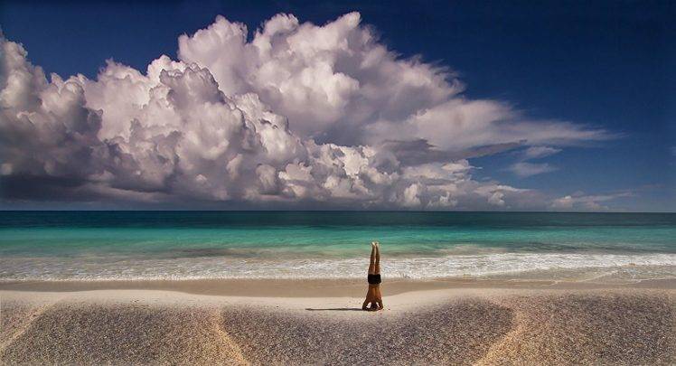 men, Landscape, Nature, Yoga, Beach, Sand, Sea, Clouds, Horizon, Summer, Meditation, Mexico HD Wallpaper Desktop Background