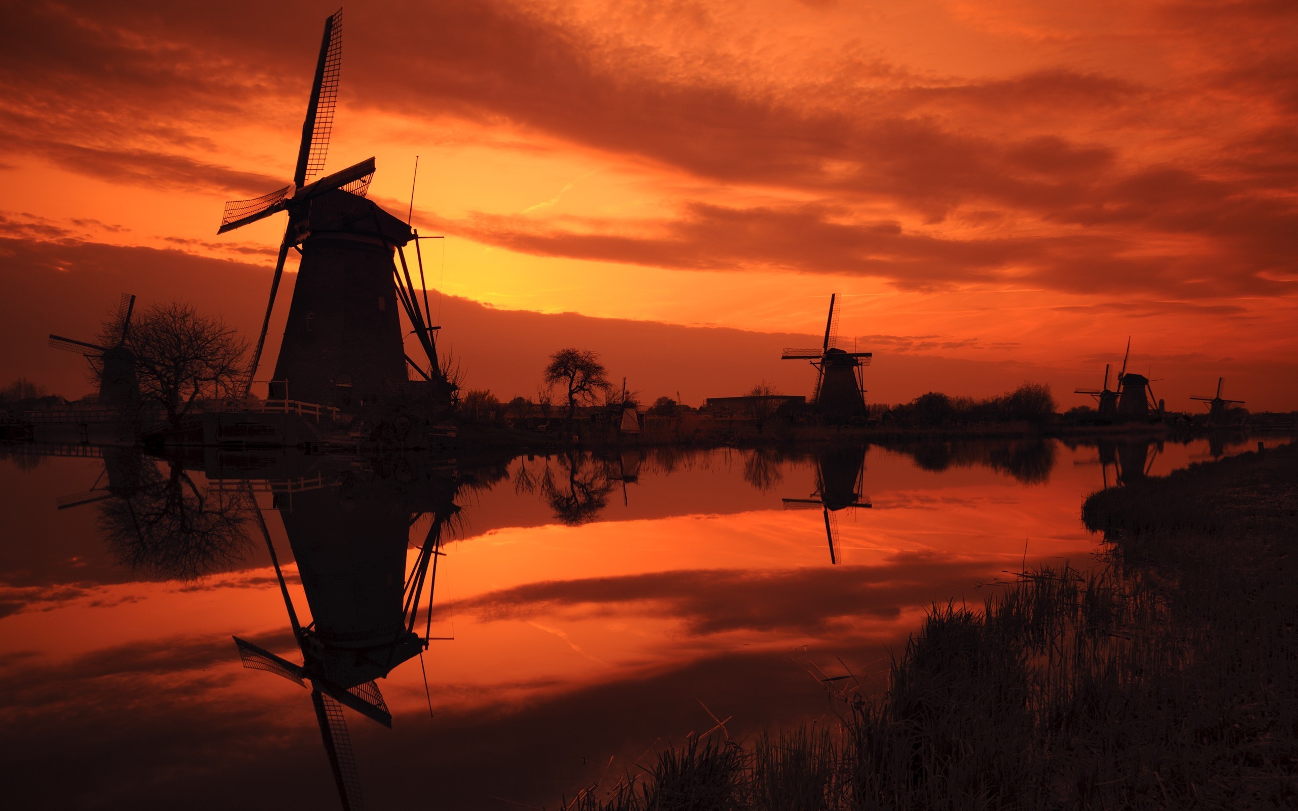 sunlight, Landscape, Windmills, Silhouette, Reflection, Sunset Wallpaper