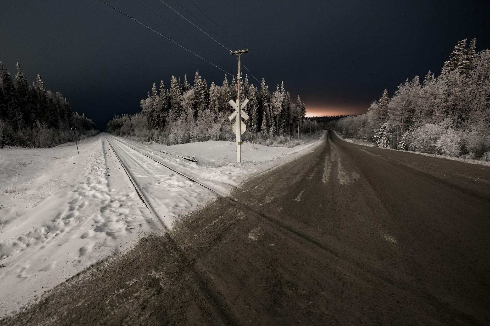 railway Crossing, Night, Landscape, Road, Snow, Trees Wallpaper