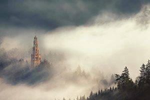 nature, Landscape, Mist, Morning, Sunlight, Forest, Tower, Italy