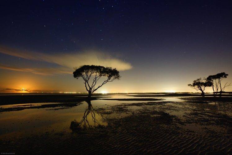 nature, Landscape, Starry Night, Moonlight, Trees, Clouds, Water, Reflection, New Zealand HD Wallpaper Desktop Background