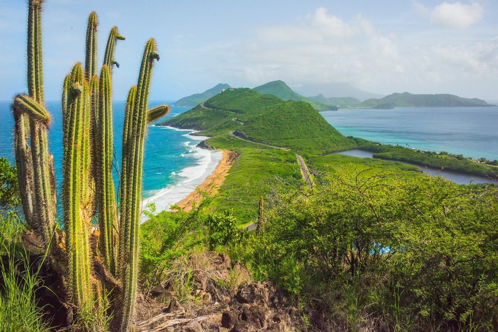 nature, Landscape, Beach, Cactus, Hill, Sea, Caribbean, Island, Summer, Road, Shrubs, Tropical, Green Wallpaper