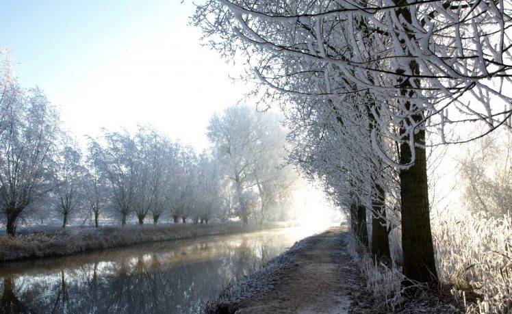 photography, Nature, Landscape, Winter, Water, River, Trees, Snow, Plants HD Wallpaper Desktop Background