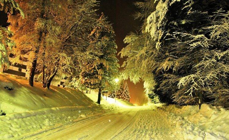 photography, Nature, Landscape, Winter, Trees, Night, Lights, Road, Snow HD Wallpaper Desktop Background