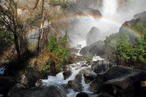 nature, Landscape, Rainbows, River, Trees, Shrubs, Mist, Mountain, Yosemite National Park