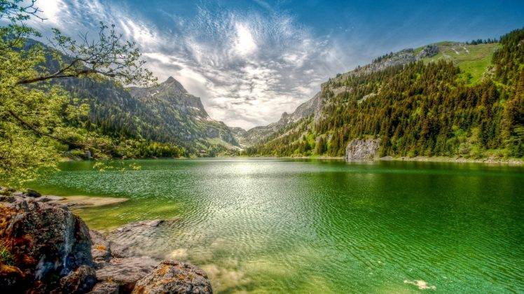 nature, Landscape, Lake, Mountain, Forest, Clouds, Summer, Emerald, Water, Switzerland HD Wallpaper Desktop Background