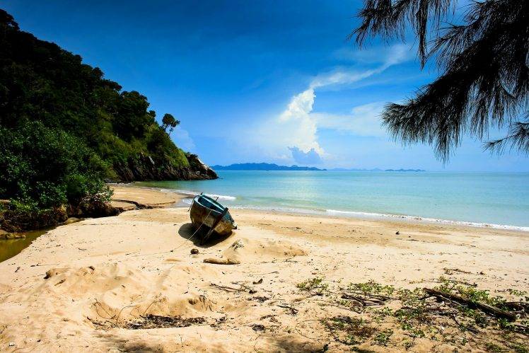nature, Landscape, Beach, Sand, Sea, Hill, Trees, Shrubs, Boat, Clouds, Island, Thailand HD Wallpaper Desktop Background