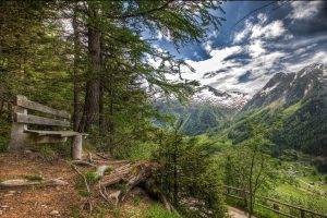 nature, Landscape, Forest, Mountain, Valley, Bench, Village, Summer, Alps, Snowy Peak, Switzerland
