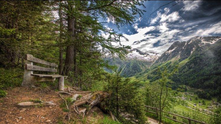 nature, Landscape, Forest, Mountain, Valley, Bench, Village, Summer, Alps, Snowy Peak, Switzerland HD Wallpaper Desktop Background