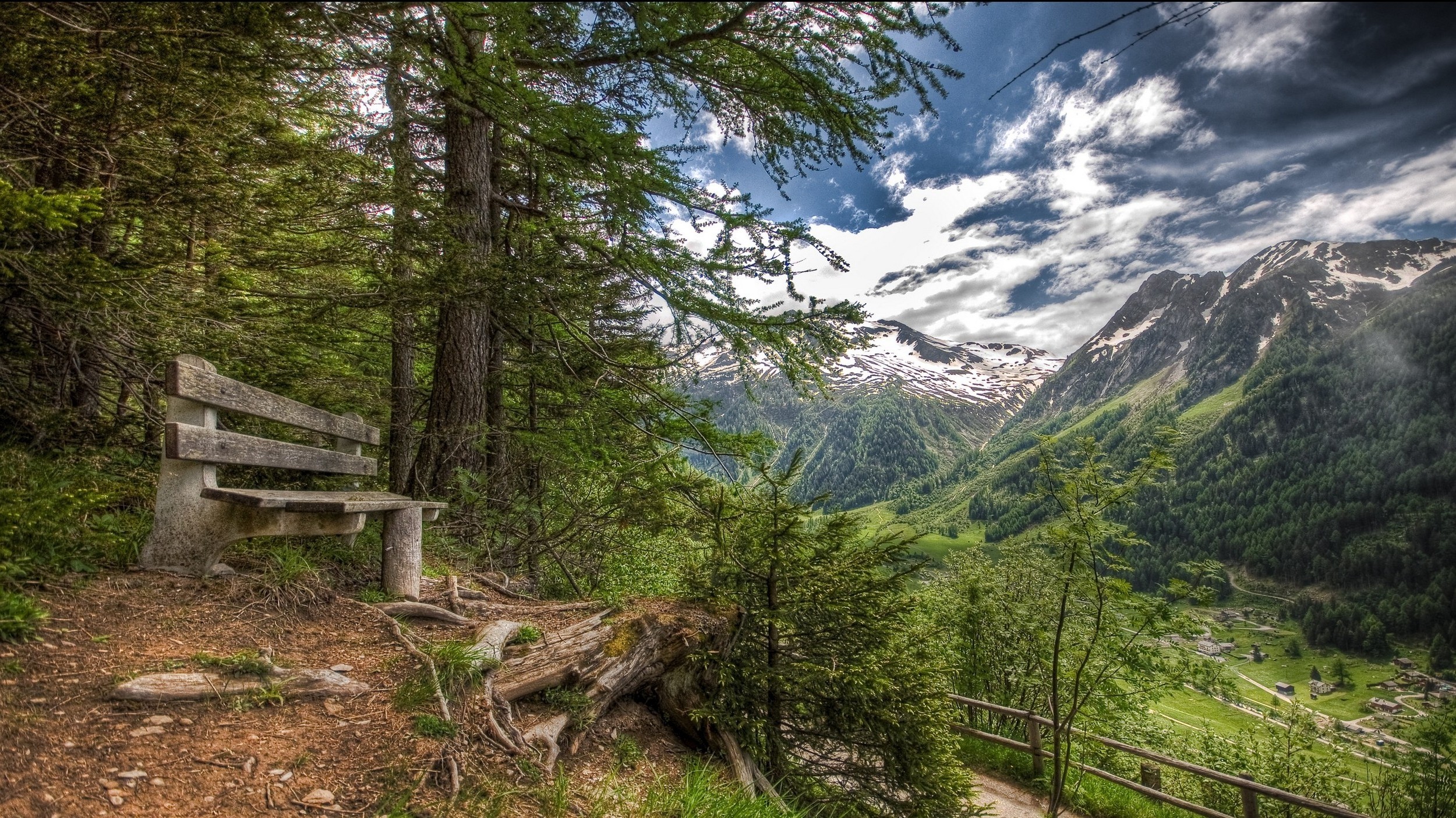 nature, Landscape, Forest, Mountain, Valley, Bench, Village, Summer, Alps, Snowy Peak, Switzerland Wallpaper