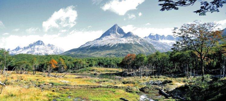 nature, Landscape, Panoramas, Mountain, Forest, Creeks, Grass, Patagonia, Tierra Del Fuego, Argentina HD Wallpaper Desktop Background