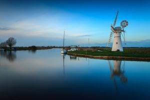 windmills, Water, Landscape