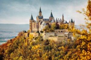 architecture, Building, Castle, Clouds, Tower, Trees, Nature, Germany, Fall, Leaves, Forest, Landscape, Hill, Walls, Burg Hohenzollern