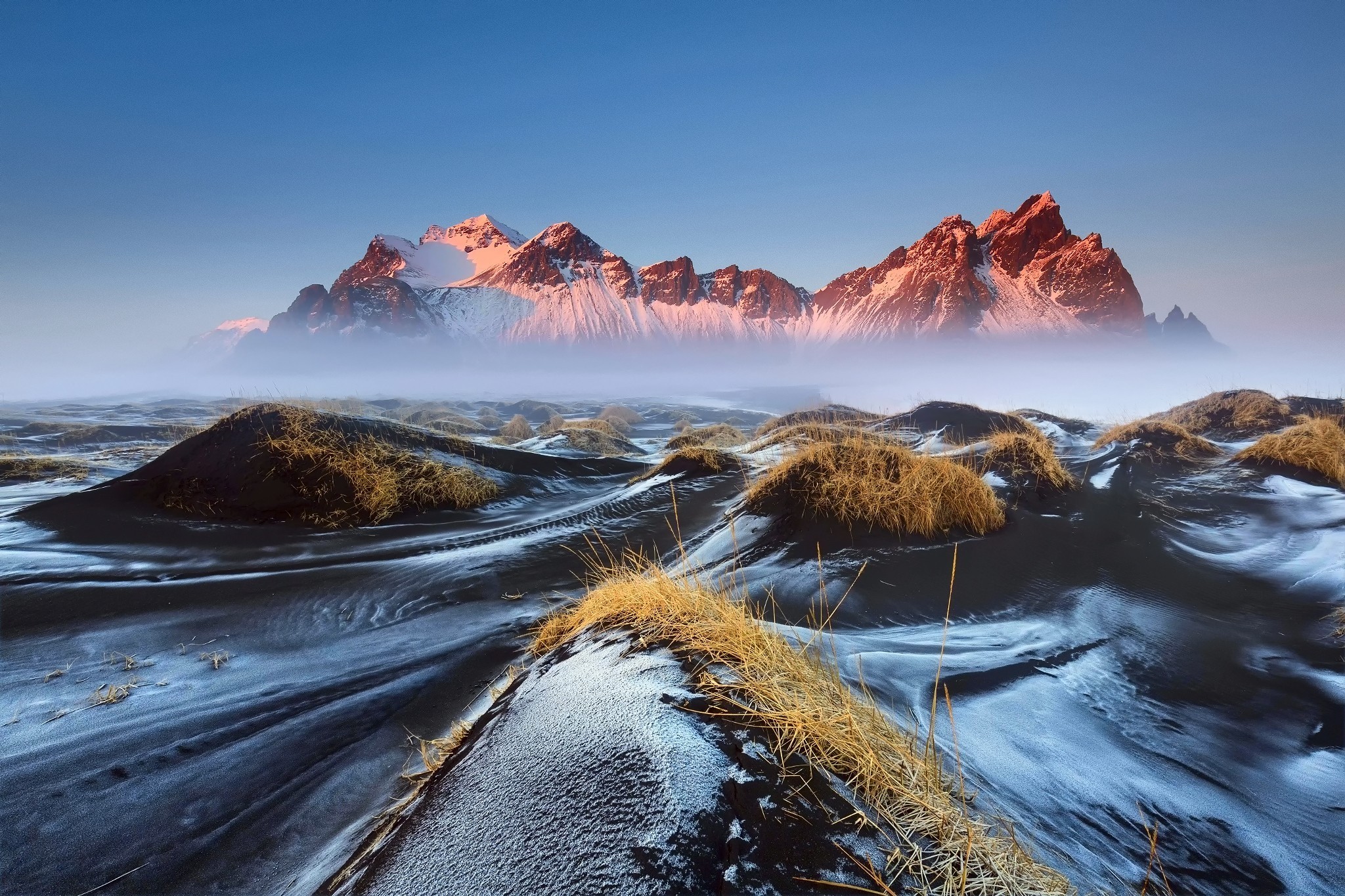 Iceland, Vestrahorn, Mountain, Morning, Mist, Lava, Grass, Snow, Nature, Landscape Wallpaper