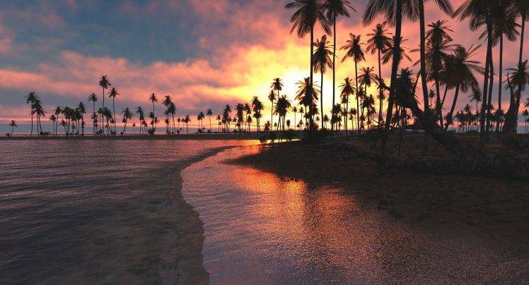nature, Landscape, Tropical, Beach, Sunset, Palm Trees, Sea, Clouds, Sky, Sand HD Wallpaper Desktop Background