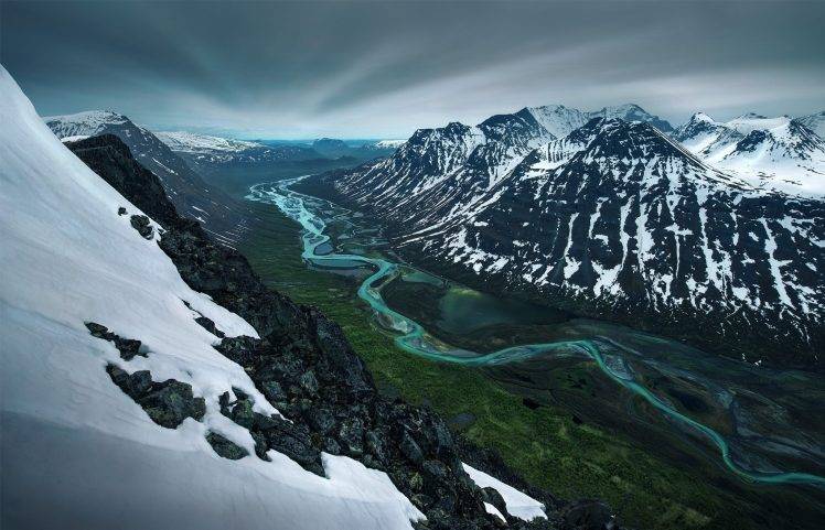 nature, Landscape, Mountain, Snow, River, Valley, Snowy Peak, Spring, Sweden HD Wallpaper Desktop Background